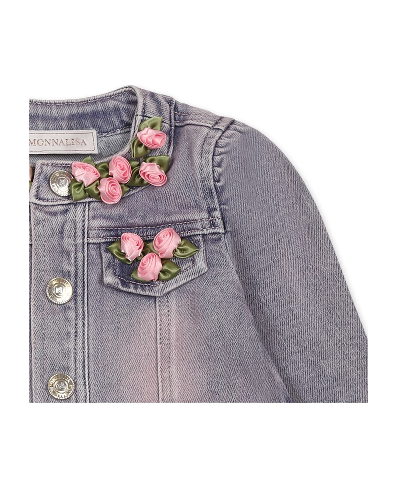 Monnalisa Denim Jacket For Baby Girl With Roses - Denim