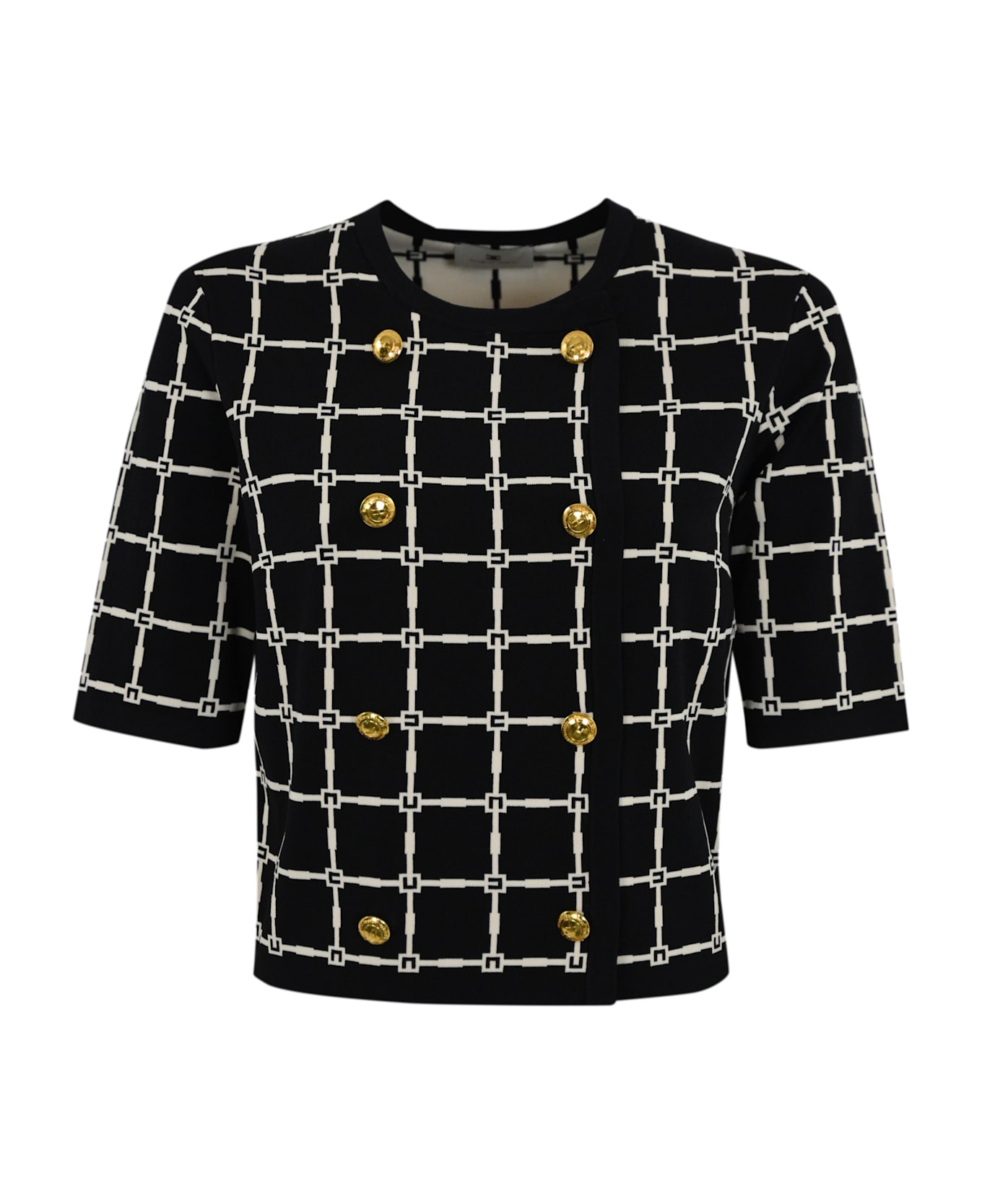 Elisabetta Franchi Jacquard Logo Cardigan With Gold Buttons - Nero/burro