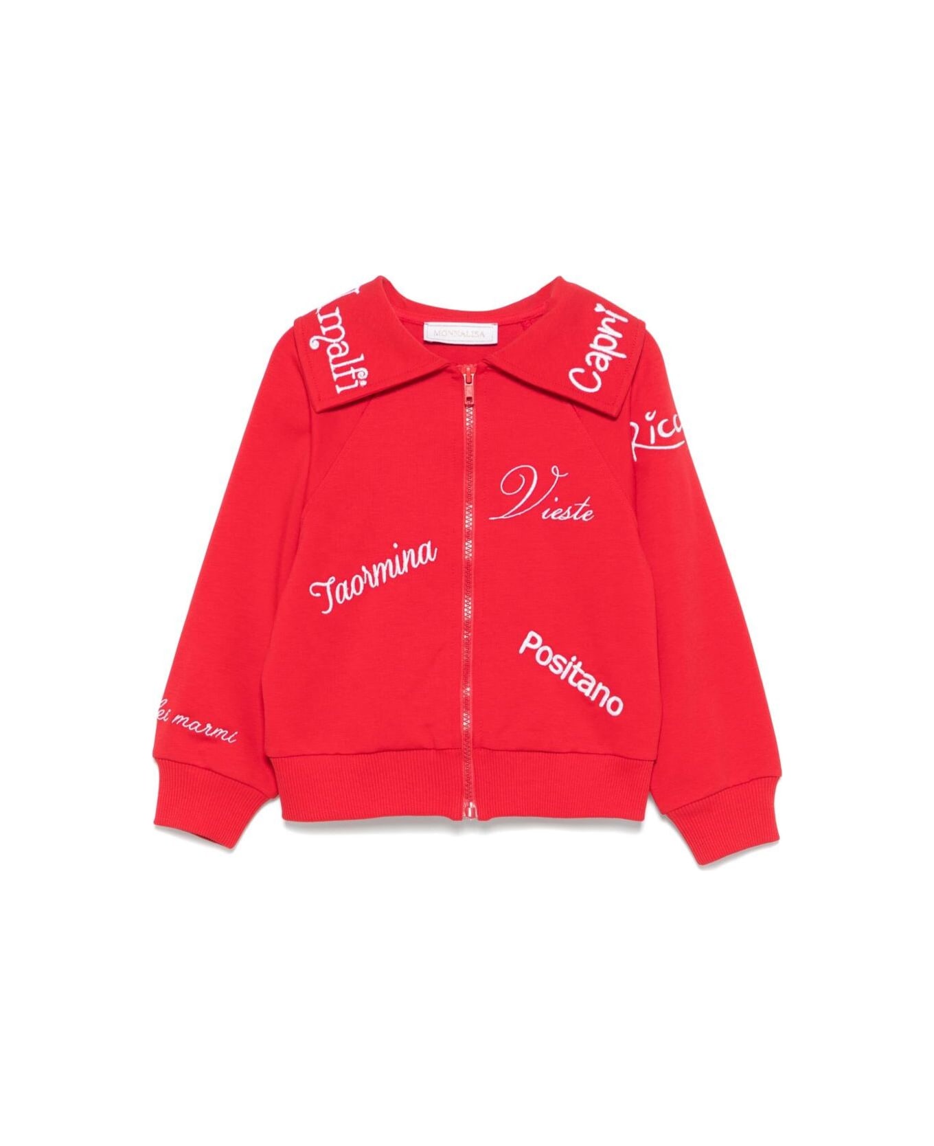 Monnalisa Red Sweatshirt With Spread Collar And Embroidered Slogan On The Front In Cotton Stretch Girl - Red ニットウェア＆スウェットシャツ