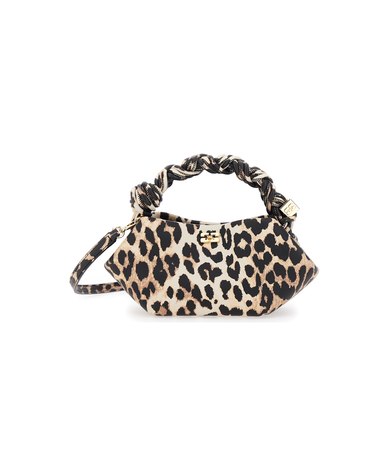 Ganni 'bou' Brown Mini Handbag With Braided Handle And All-over Leopard Motif In Fabric Woman - Brown