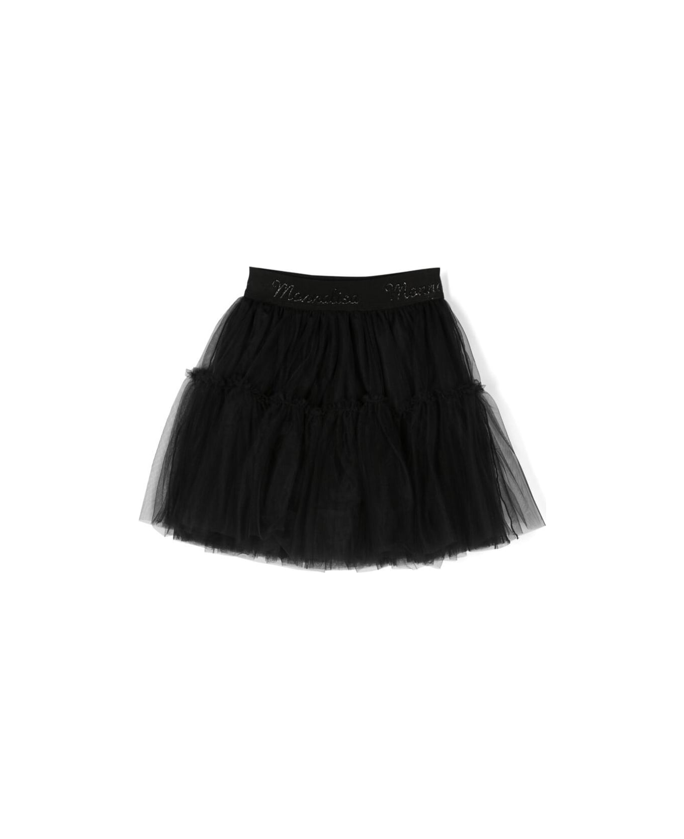 Monnalisa Black Mini-skirt With Branded Elastic Waistband In Tulle Girl - Black
