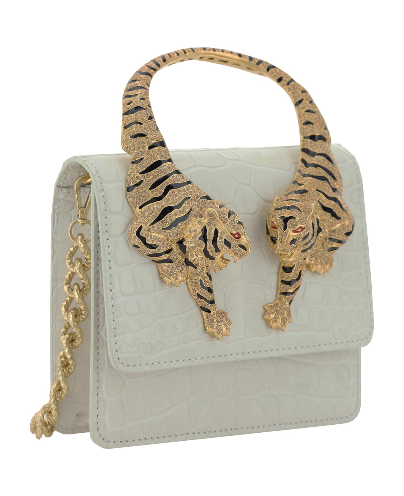 Roberto Cavalli White Medium Roar Shoulder Bag With Jewelled Tigers - White