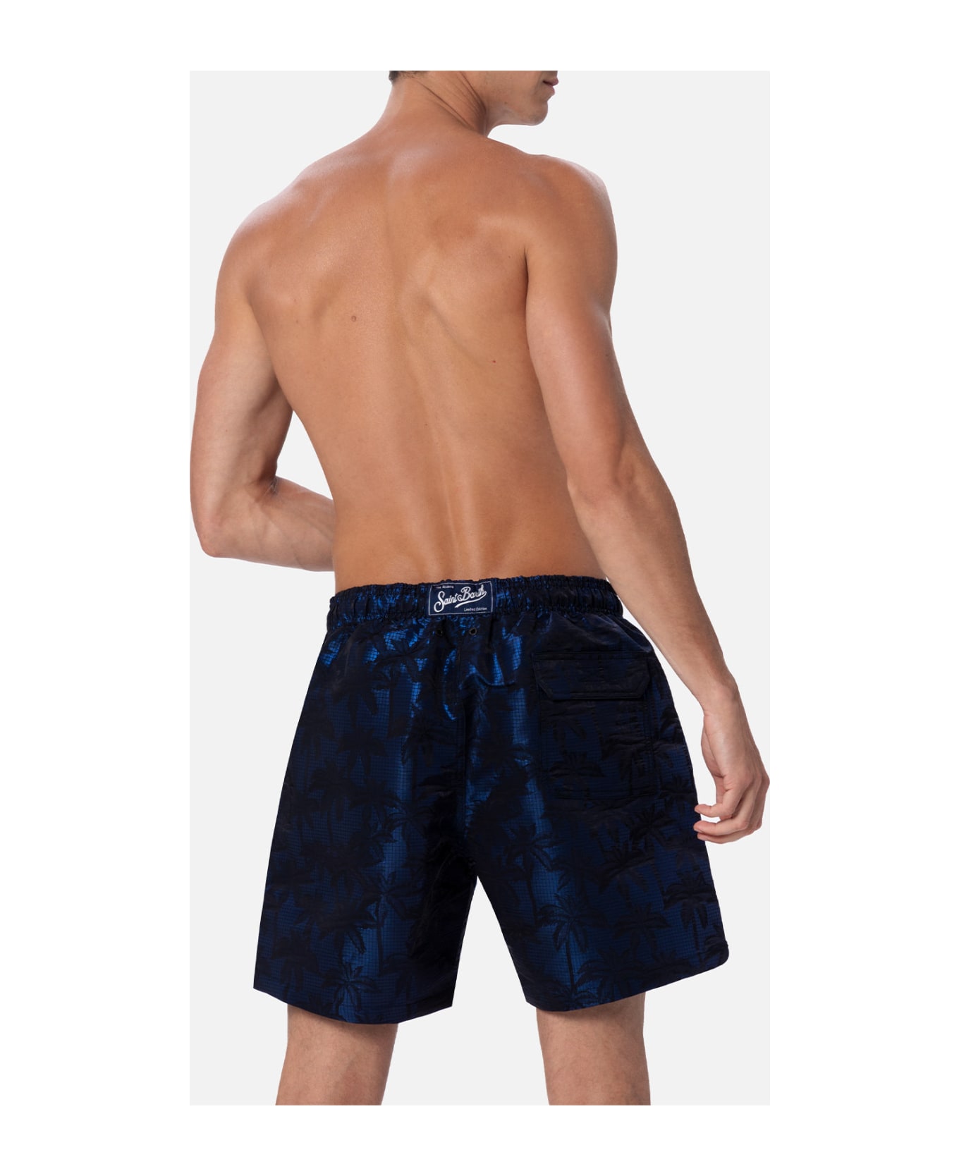 MC2 Saint Barth Man Ripstop Fabric Swim Shorts Harbour The Riviera With Palm Jacquard - BLUE
