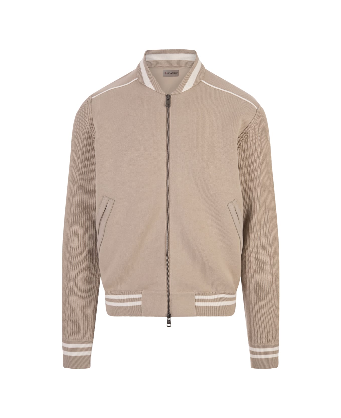 Moncler Beige Bomber Style Cardigan With Striped Hem - Brown ニットウェア