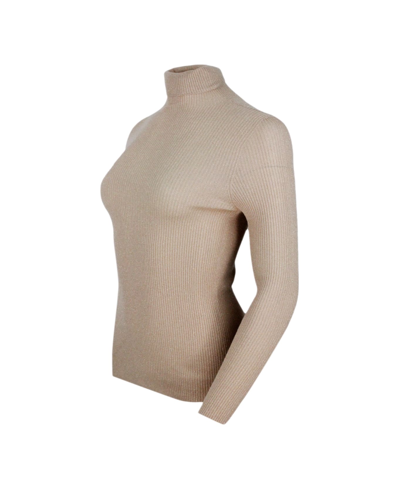 Fabiana Filippi Long-sleeved Turtleneck Sweater In Merino Lamè Embellished With Shiny Lurex That Gives Brightness - Camel Gold ニットウェア