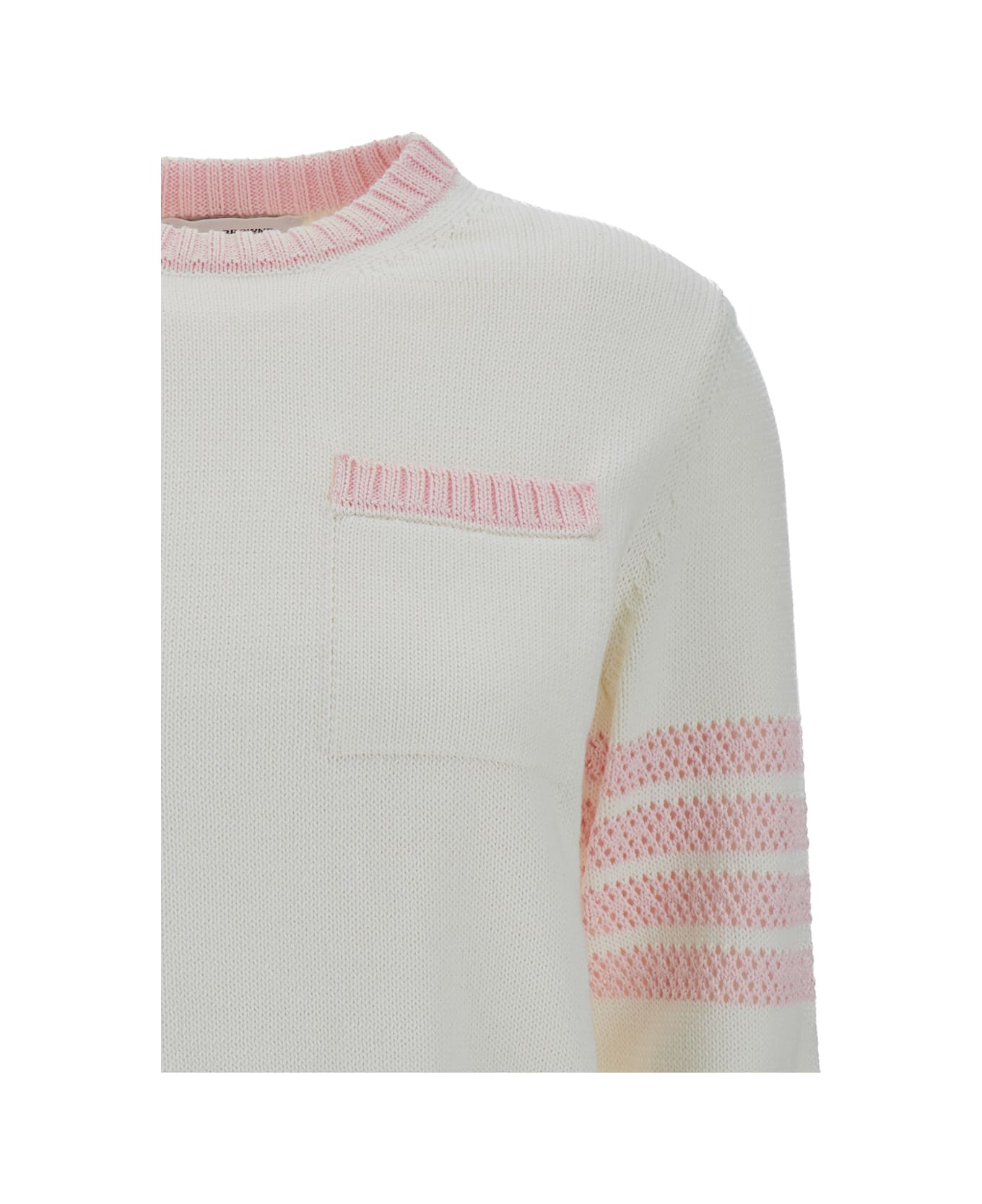Thom Browne Jersey Stitch Crew Neck Pullover In Cotton W/ Pointelle 4 Bar Stripe - White