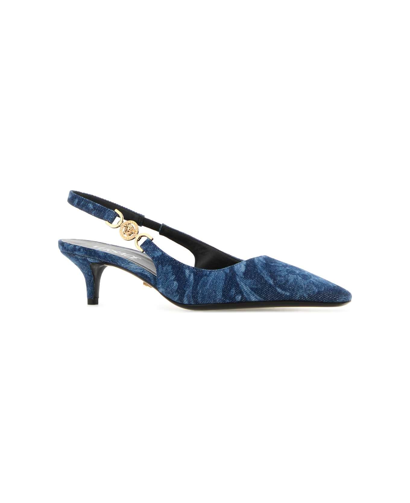 Versace Embroidered Denim Pumps - BLUEVERSACEGOLD ハイヒール