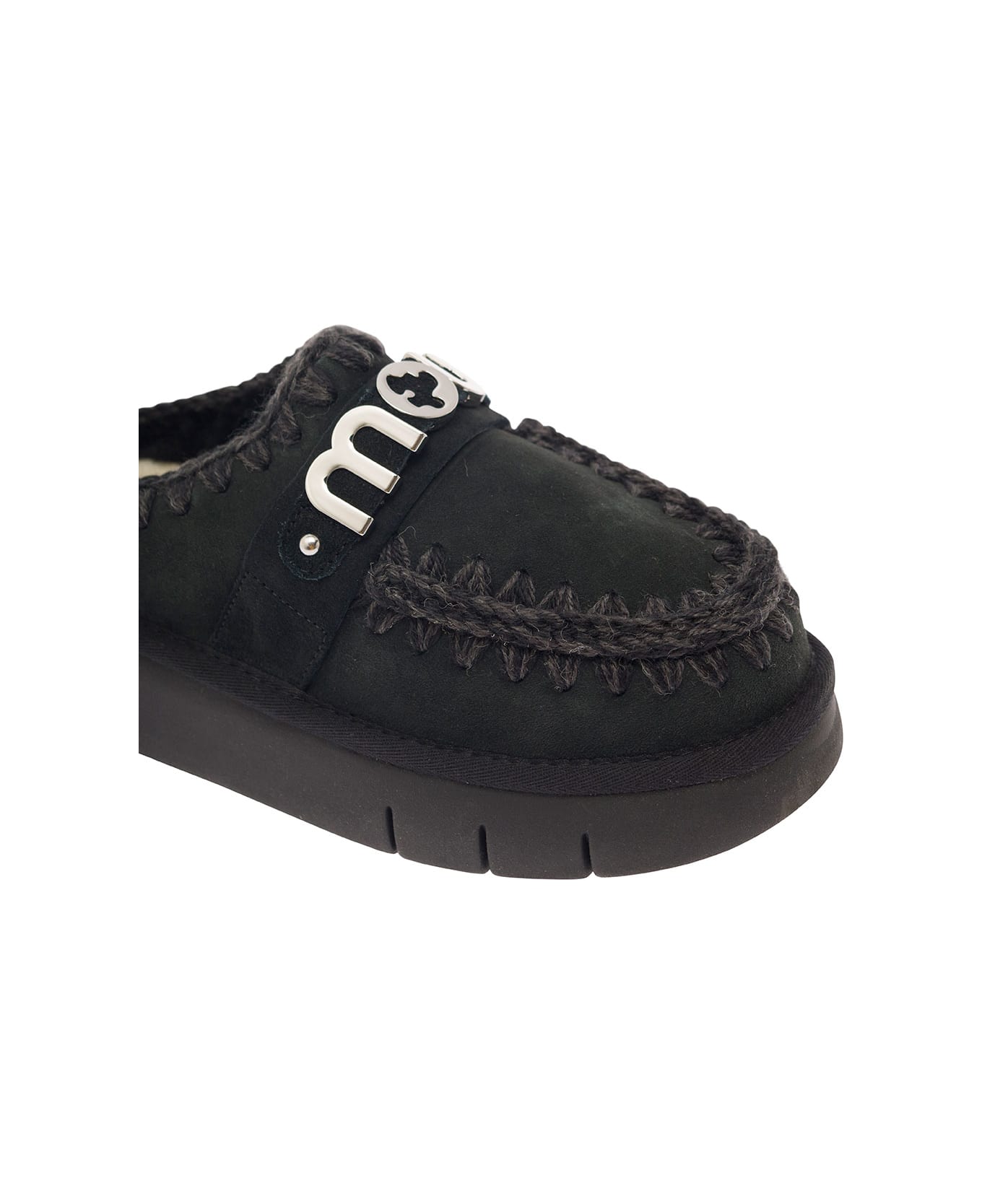 Mou 
bounce
 Black Mules With Logo Lettering And Open Rear In Suede Woman - Bkbk