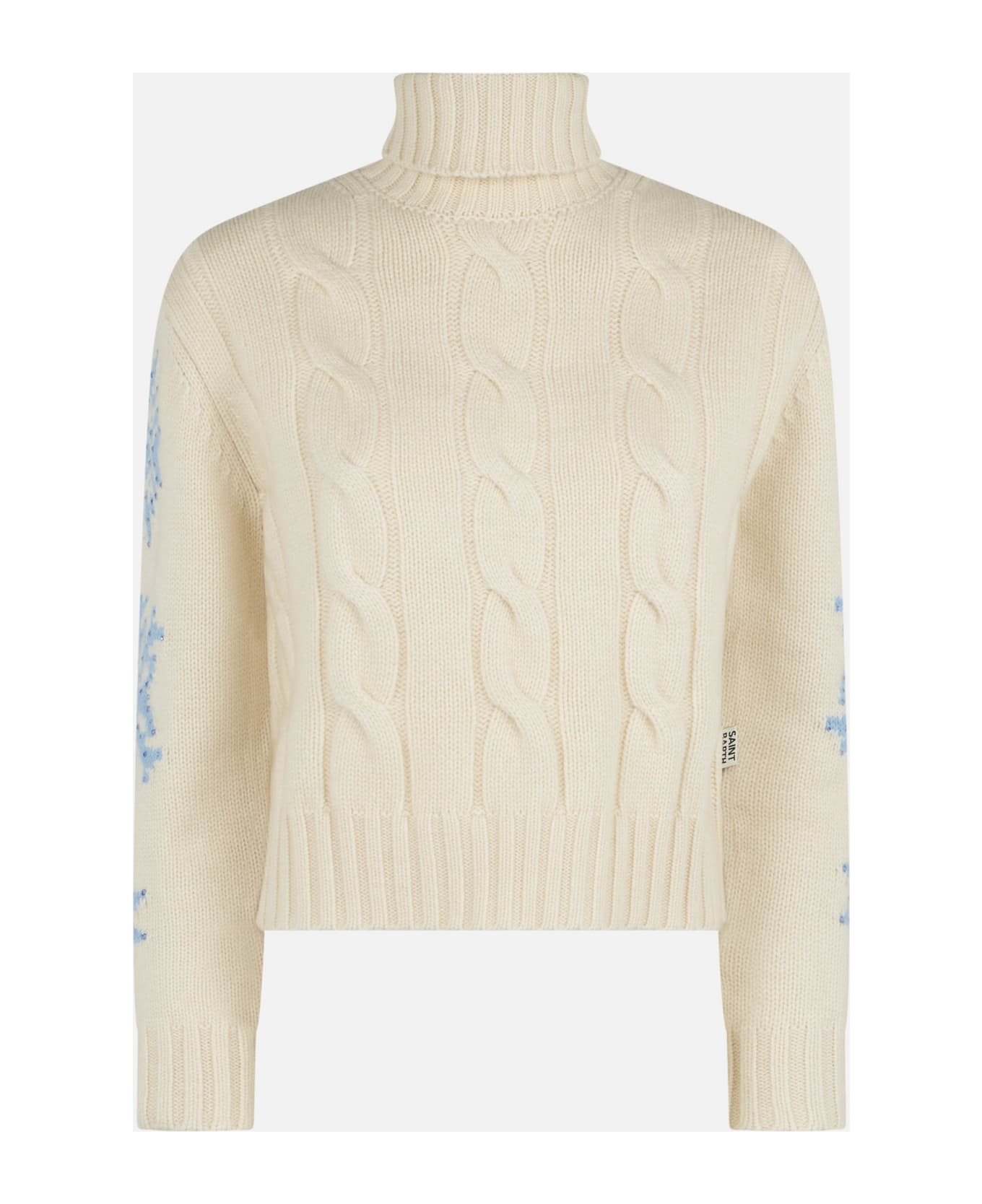 MC2 Saint Barth Woman Turtleneck Braided Sweater With Snowflake Rhinestones - WHITE