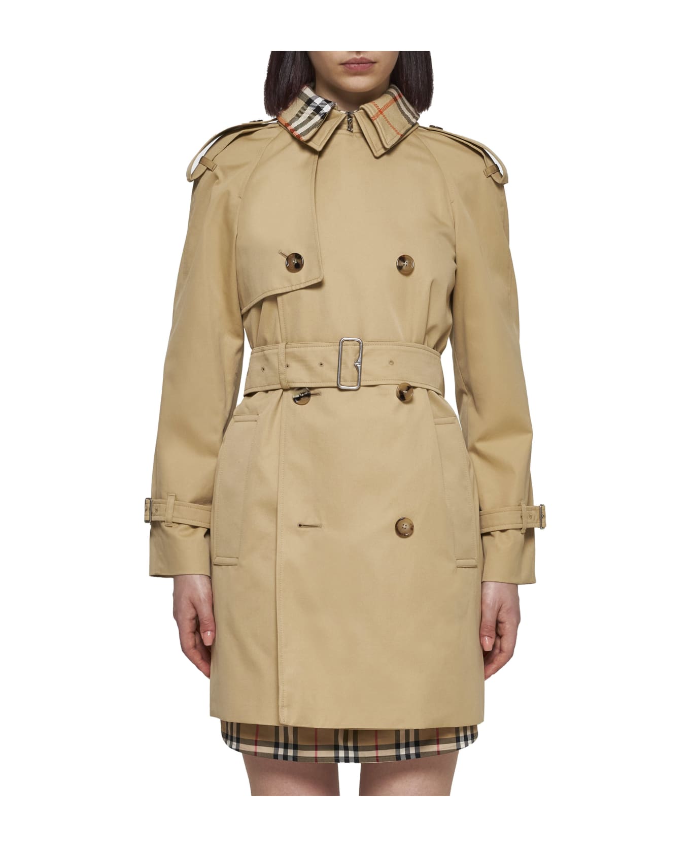 Burberry Cotton Double-breasted Short Trench Coat - Flax