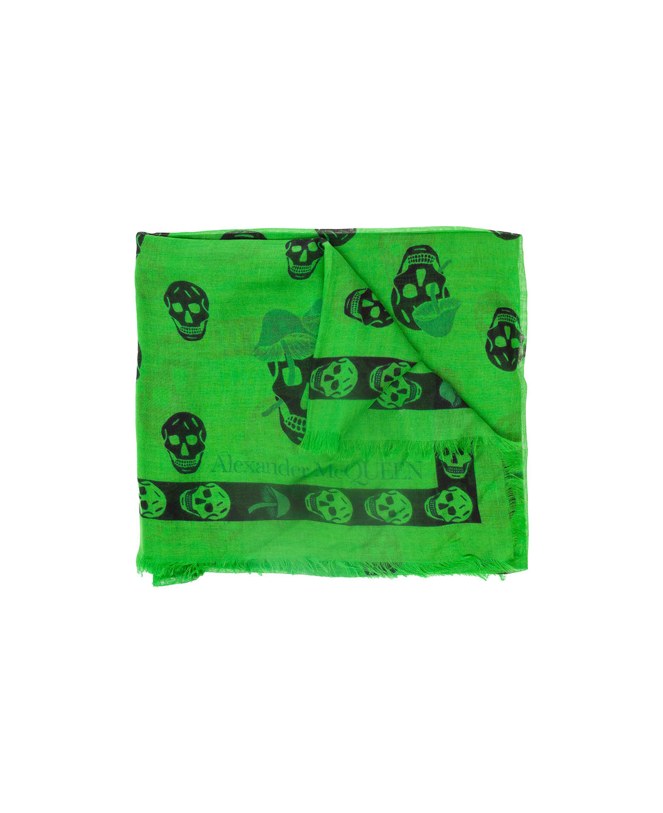Alexander McQueen Green Scarf With Skull And Mushroom Print All-over In Modal Blend - Green