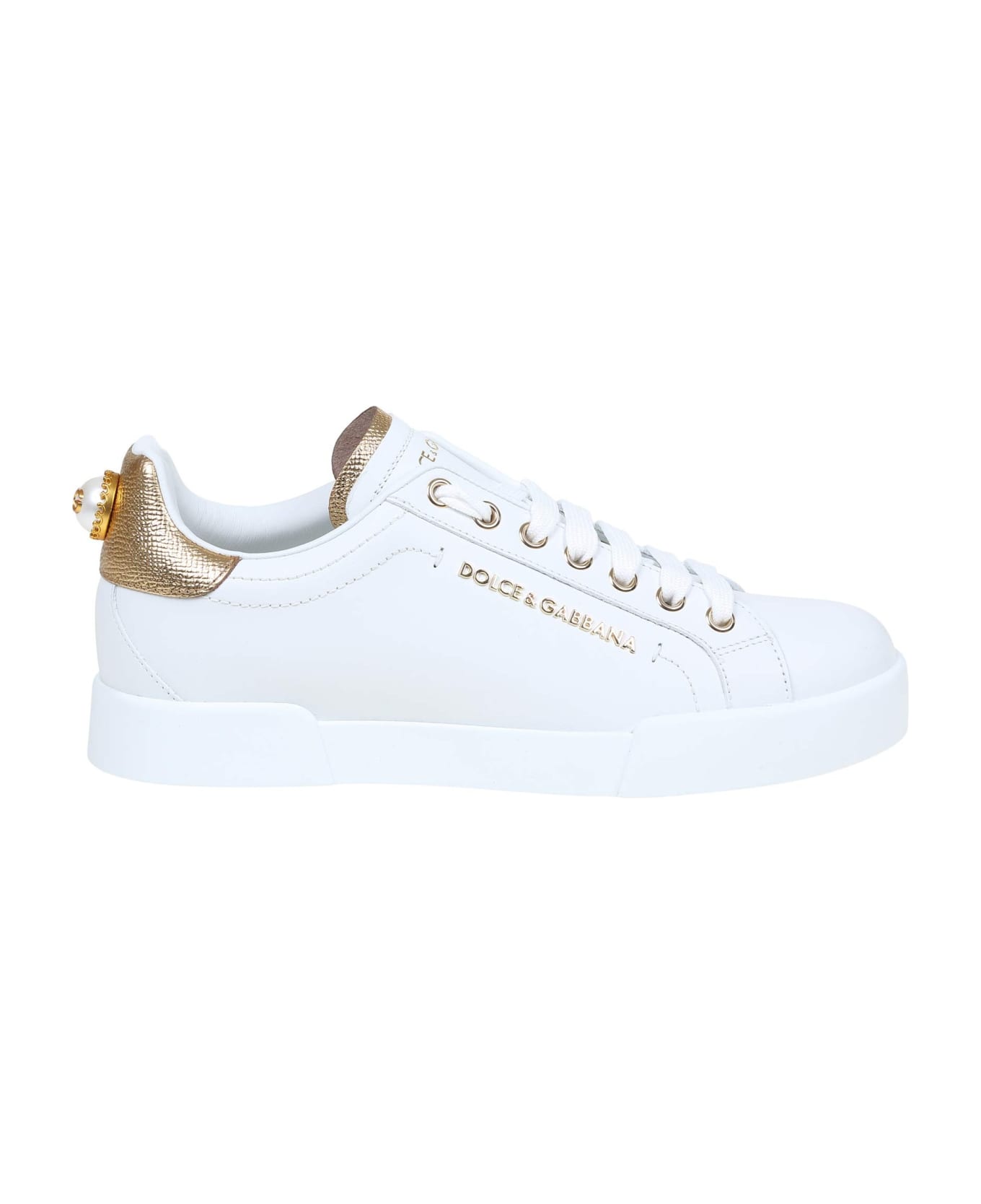 Dolce & Gabbana Portofino Sneakers In White Leather With Logo Pearl - White / Gold