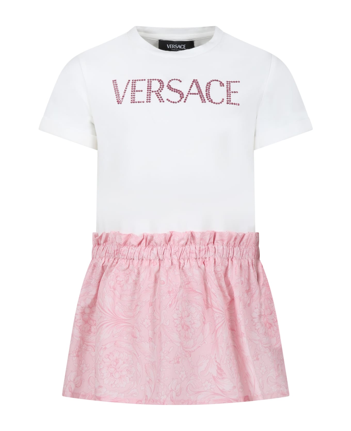 Versace Pink Dress For Girl With Baroque Print And Rhinestone Logo - Pink