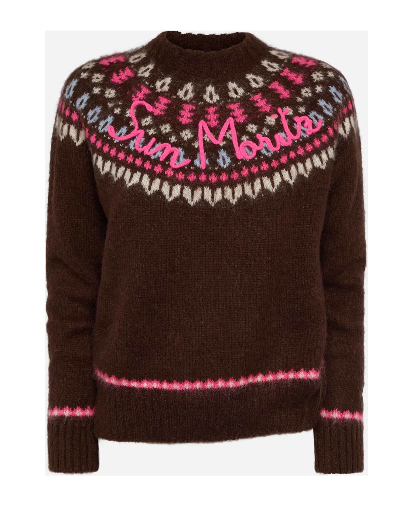 MC2 Saint Barth Brown Sweater Queen Nordic Soft With Fair Isle Jacquard And Sun Moritz Embroidery - BROWN