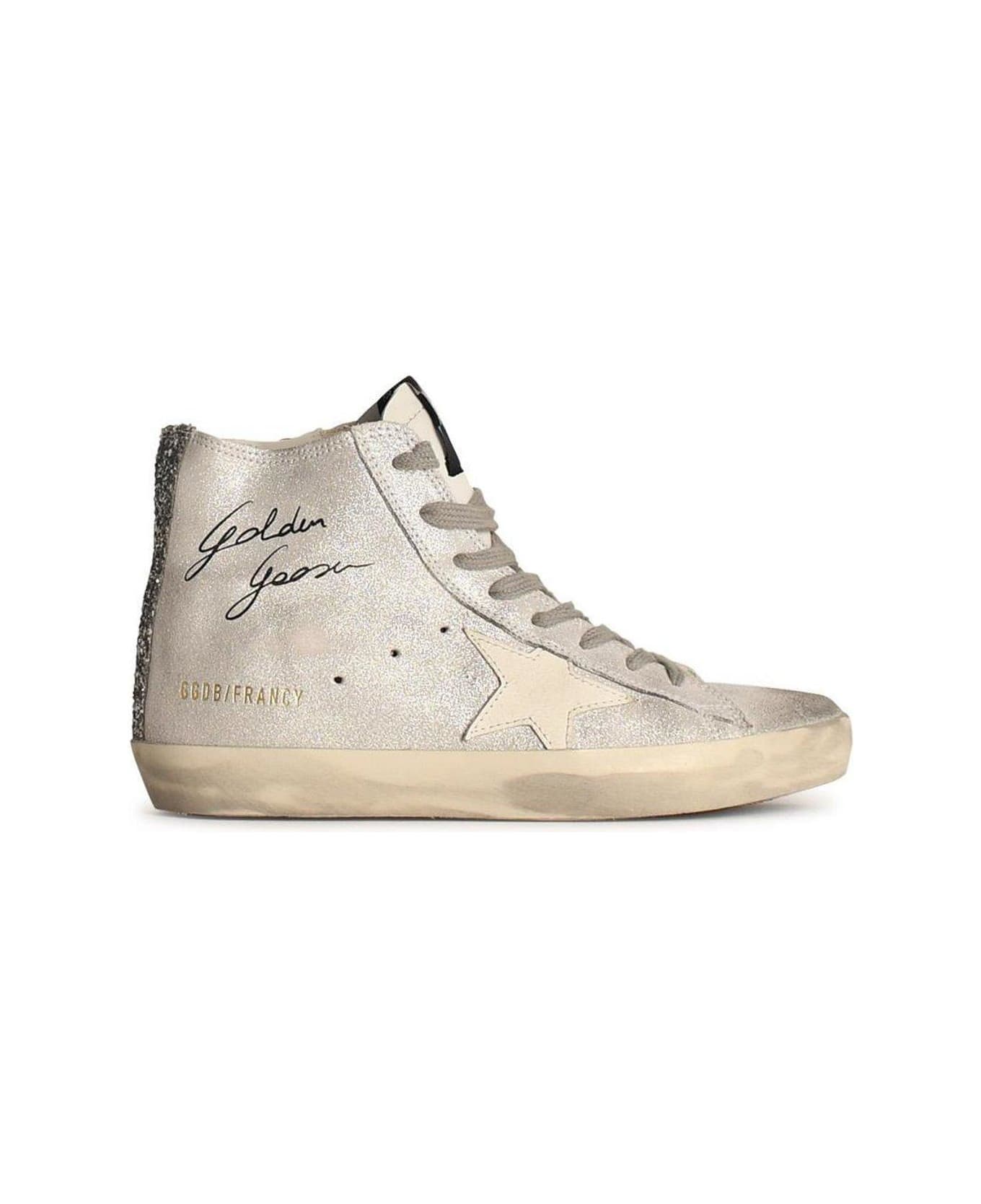 Golden Goose Logo Printed Glittered Sneakers - SILVER WHITE/WHITE/SILVER