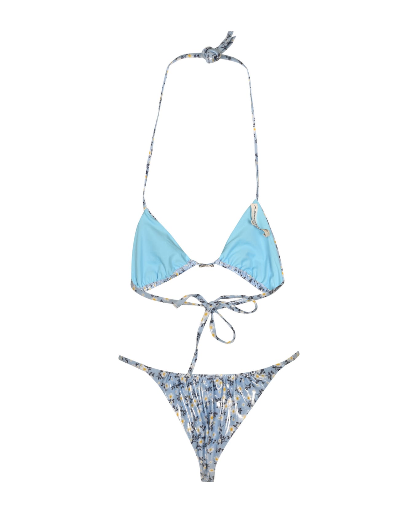 Alessandra Rich Daisy Print Laminated Ruched Lycra Bikini - Light Blue