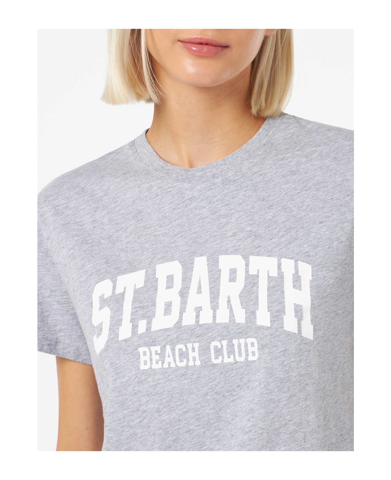 MC2 Saint Barth Woman Cotton Jersey Crewneck T-shirt Emilie With Saint Barth Beach Club Print - GREY