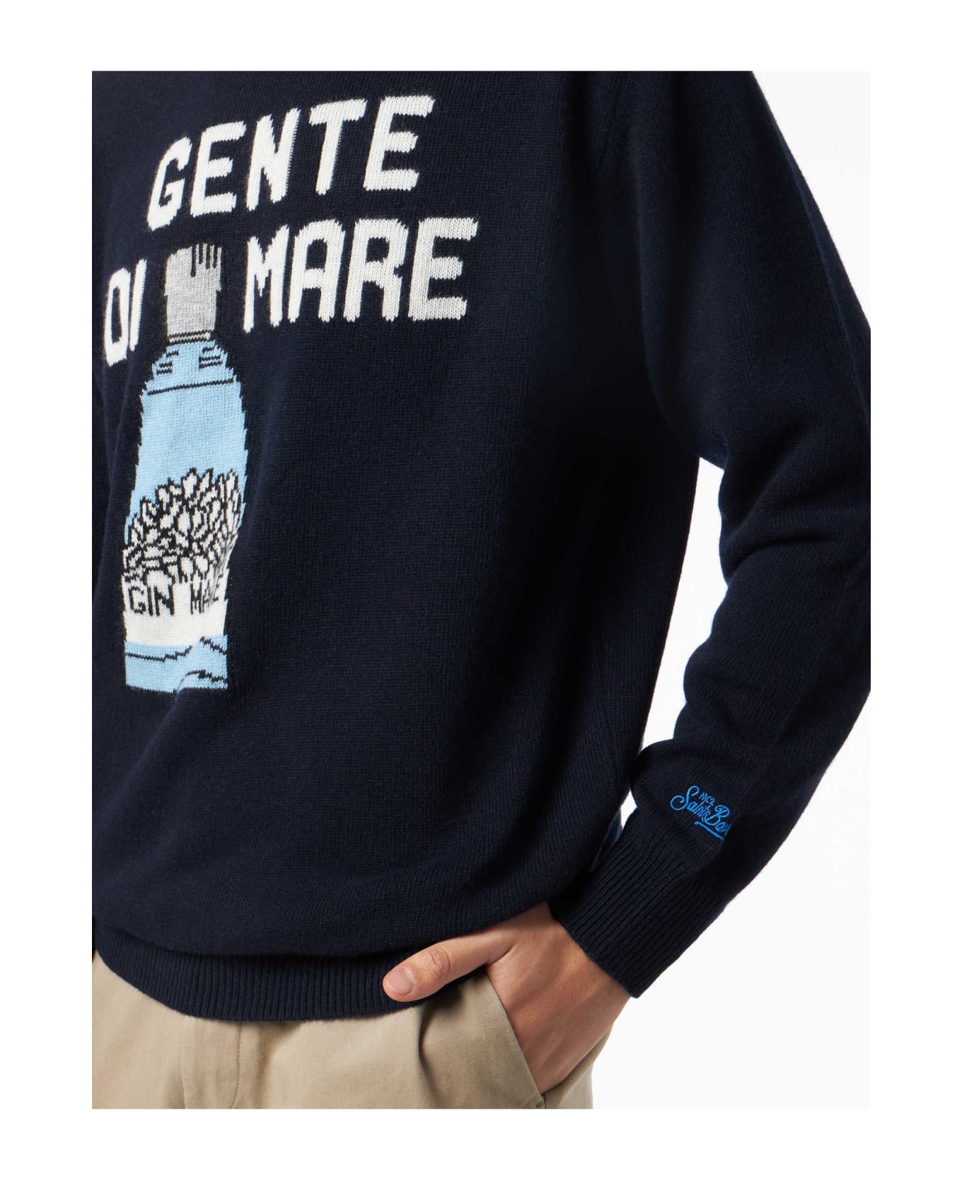 MC2 Saint Barth Man Crewneck Sweater With Gente Di Mare Jacquard Print |gin Mare Special Edition - BLUE