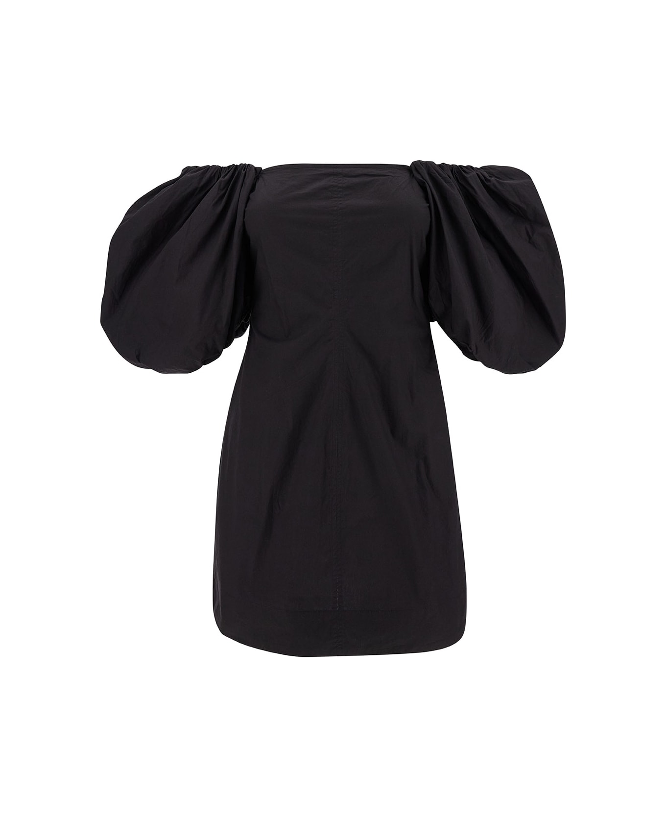Ganni Mini Black Dress With Puff Sleeves In Cotton Woman - Black トップス