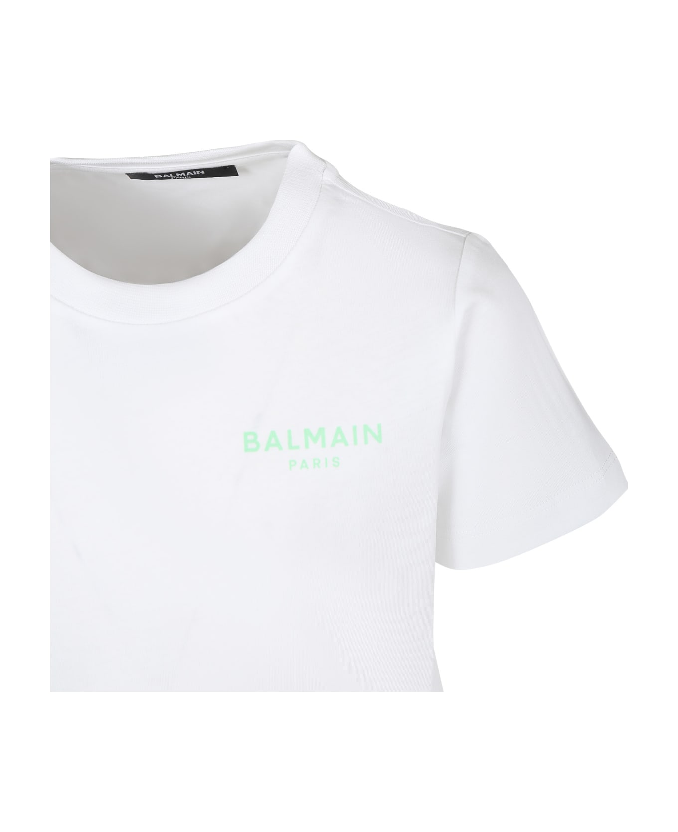 Balmain White T-shirt For Kids With Green Logo - White