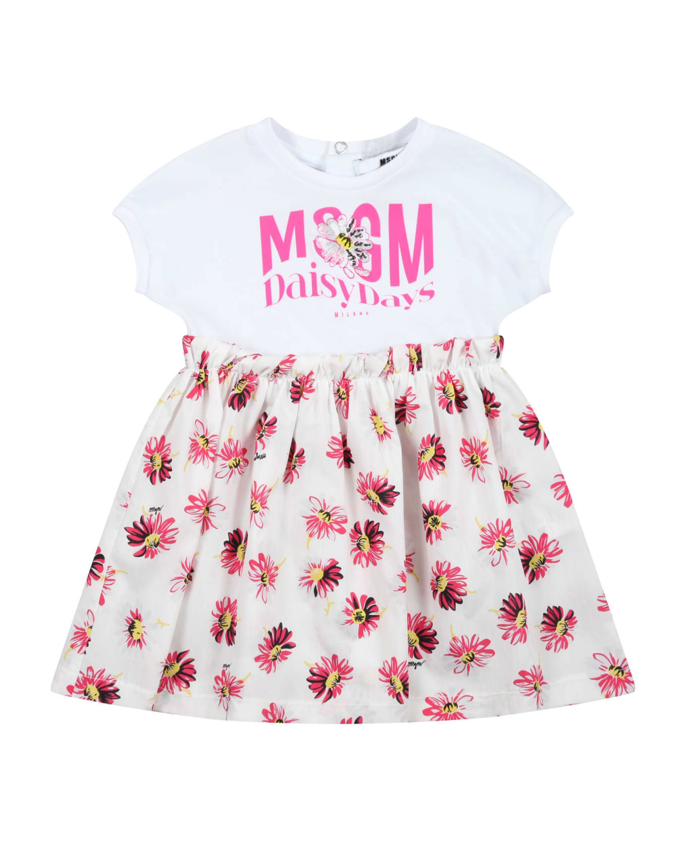 MSGM White Dress For Baby Girl With Logo And Flowers - White