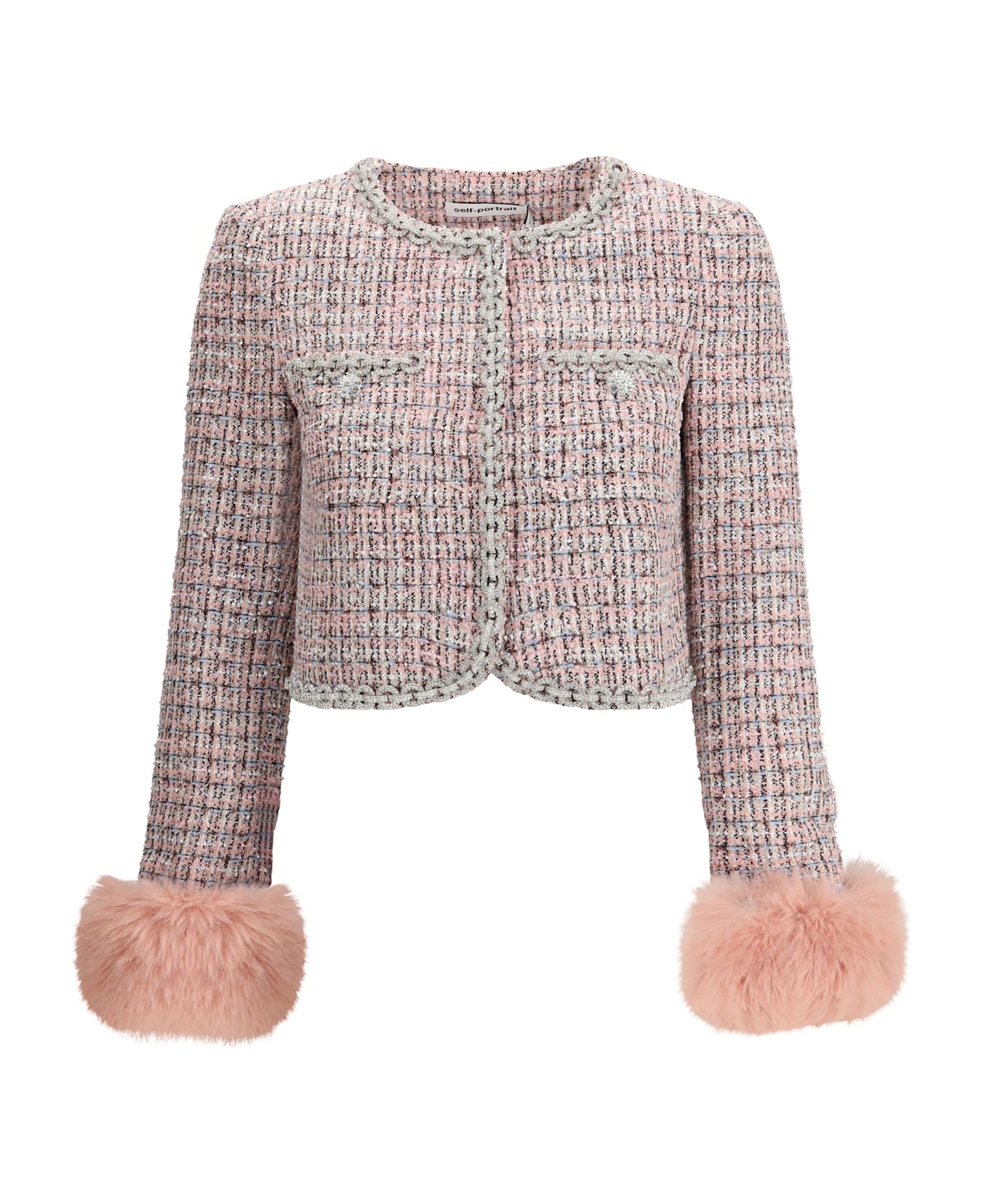 self-portrait Bouclé Fur Cuffed Jacket - PINK
