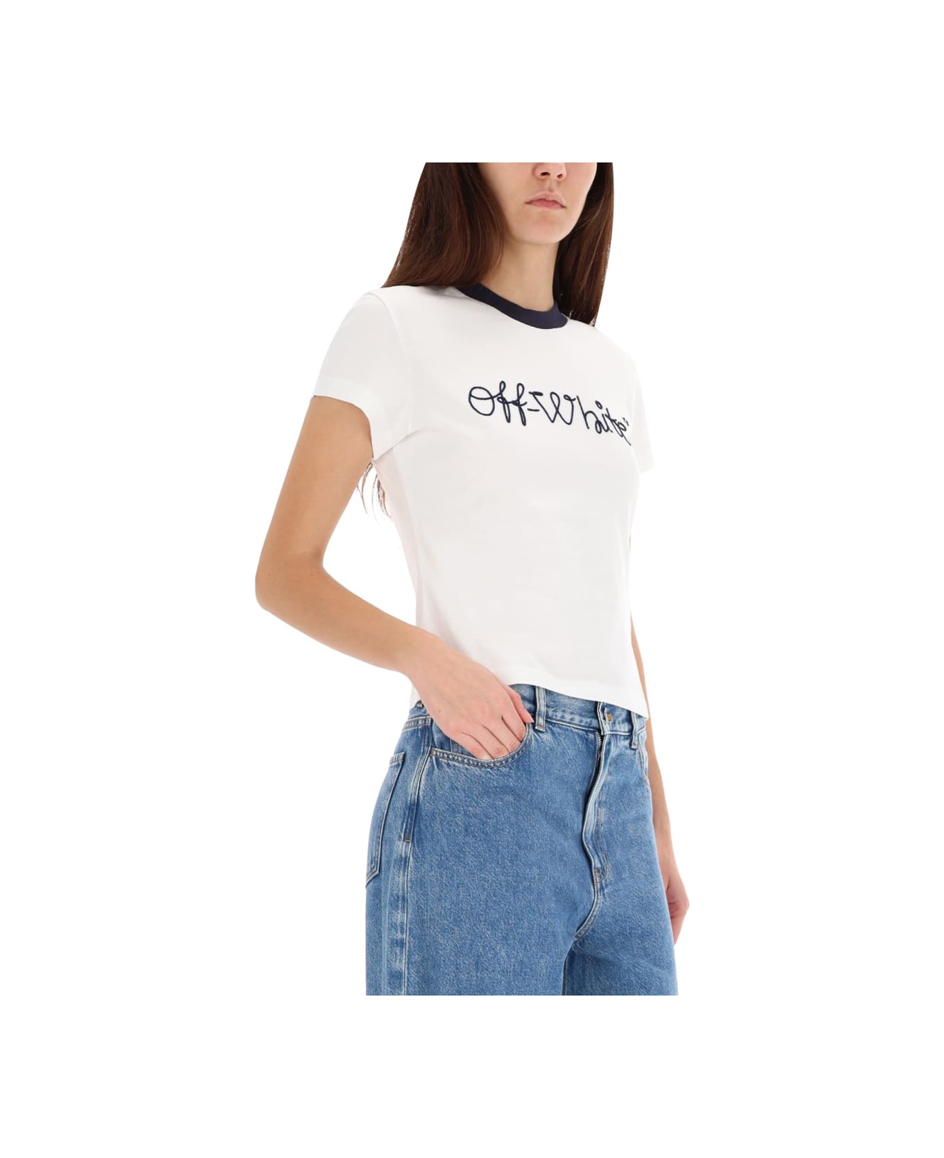 Off-White T-shirt With Embroidered Logo - WHITE