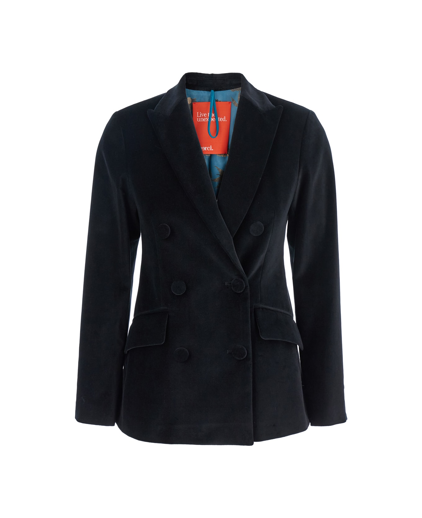 Merci Black Double-breasted Jacket With Peak Revers In Velvet Woman - Black