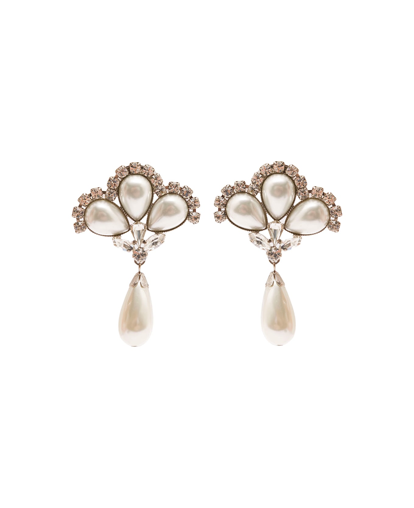 Alessandra Rich Silver-colored Clip-on Crystal Earrings With Pendant Pearl In Hypoallergenic Brass Woman - Metallic