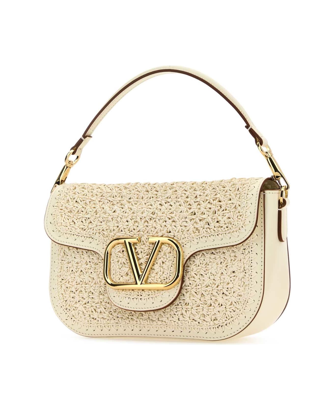 Valentino Garavani Ivory Raffia And Leather Vlogo Handbag - IVORY