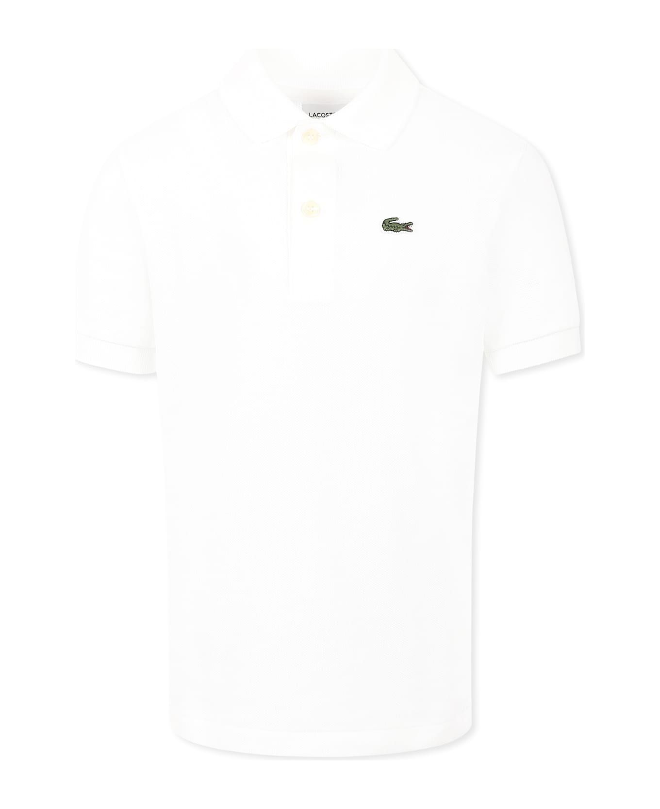 Lacoste White Polo Shirt For Boy With Green Crocodile - White