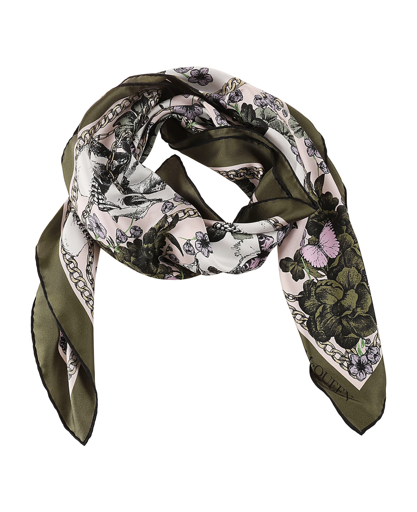 Alexander McQueen Blossom Skull Scarf - Kaki/Ivory