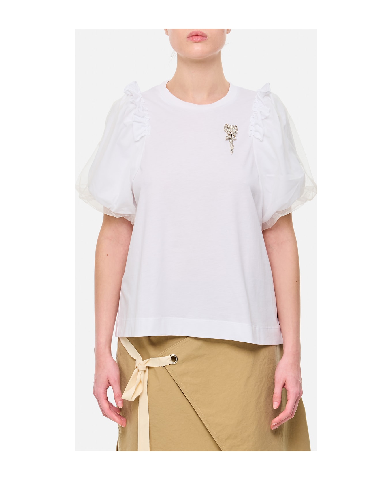 Simone Rocha Tulle Overlay Puff Sleeve Frill T-shirt - White