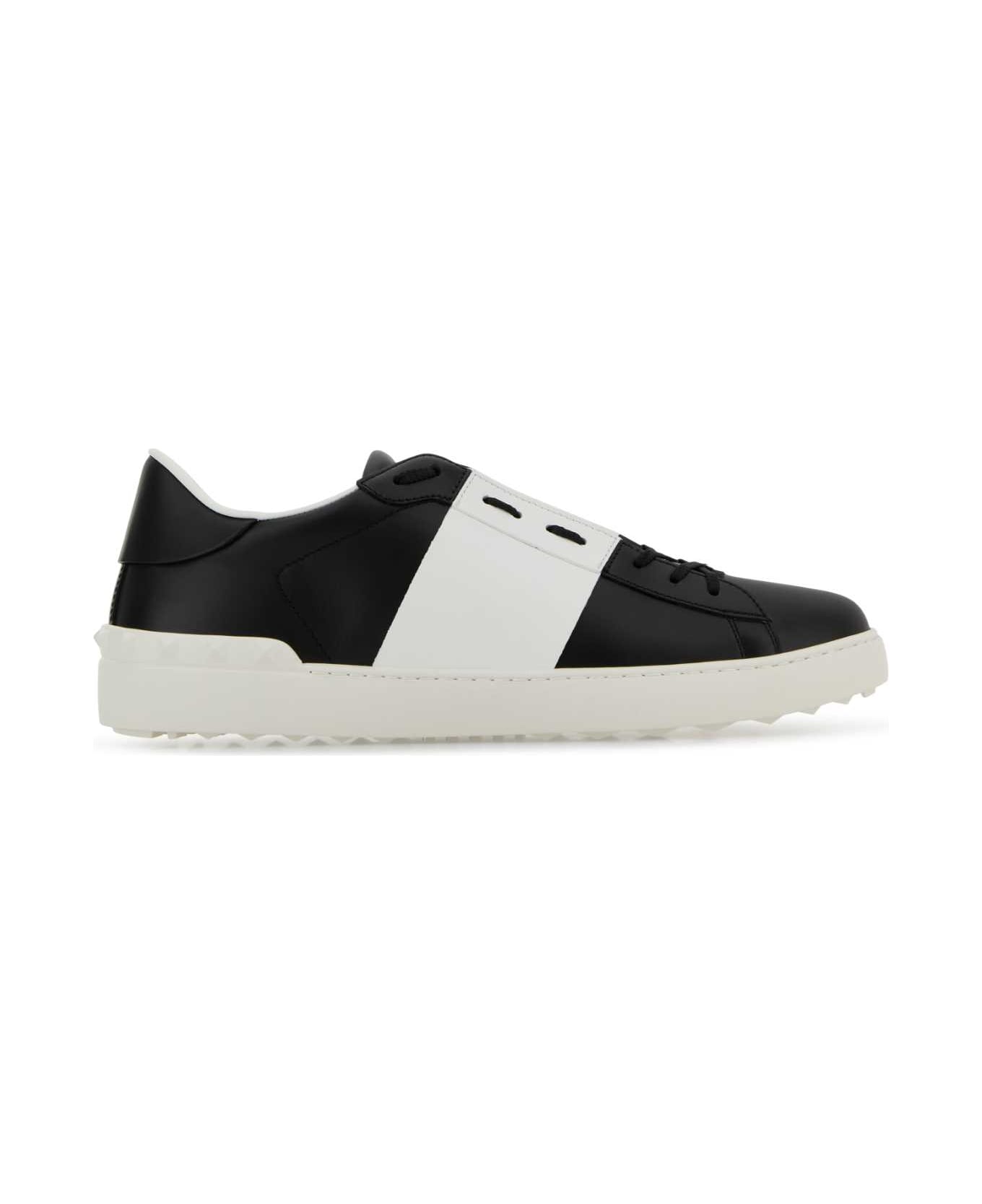 Valentino Garavani Black Leather Open Sneakers With White Band - NEROBIANCOBIANCO