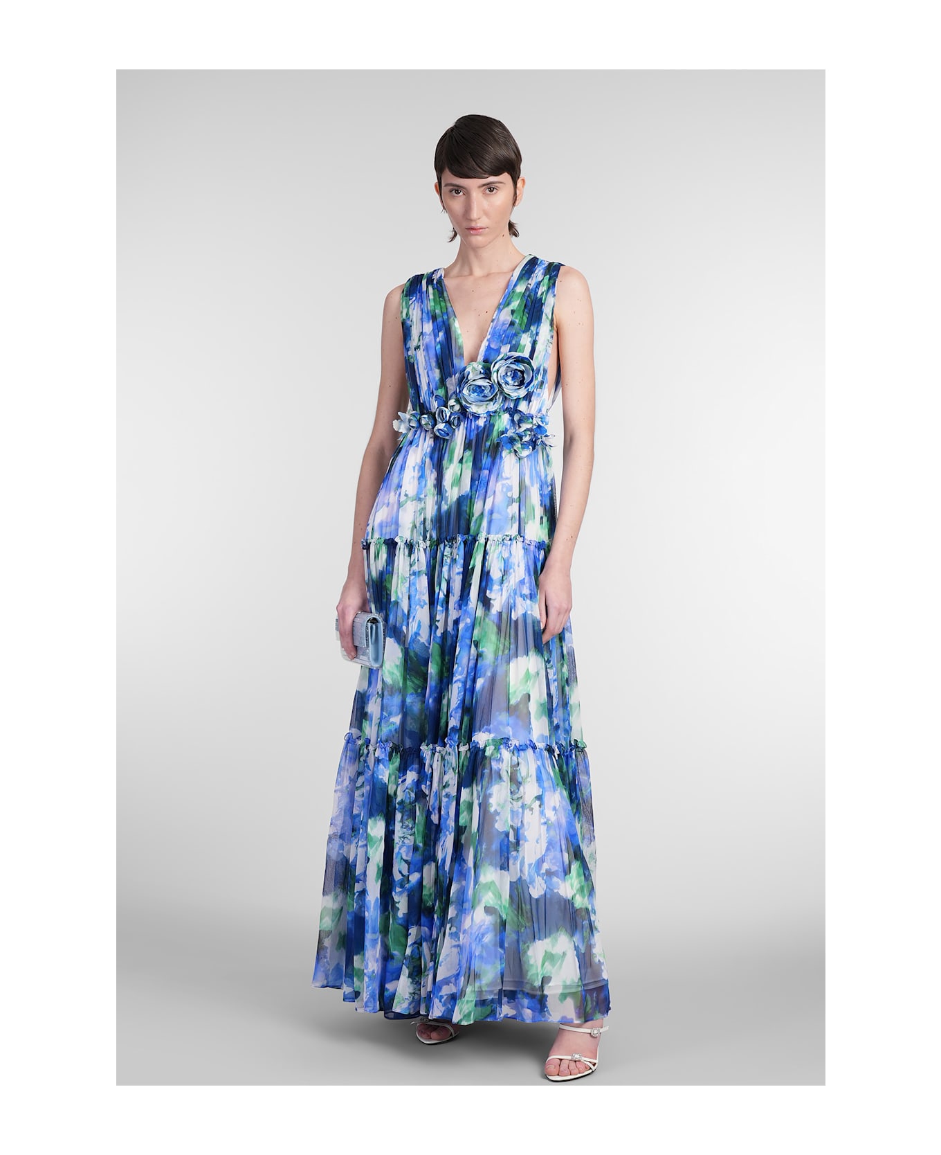 Costarellos Arella Long Dress In Blue Silk - blue