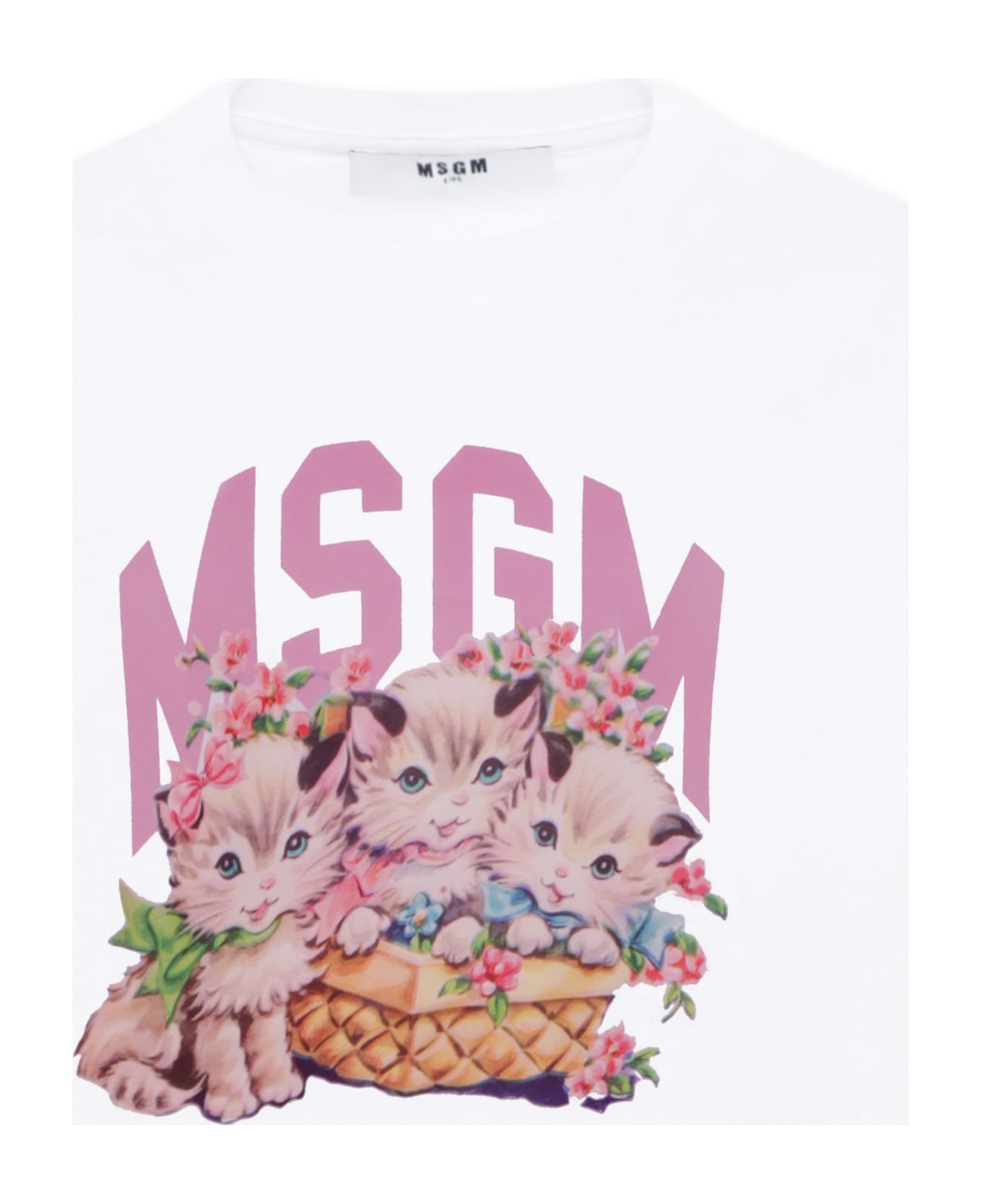 MSGM White T-shirt For Girl With Logo And Cat Print - White