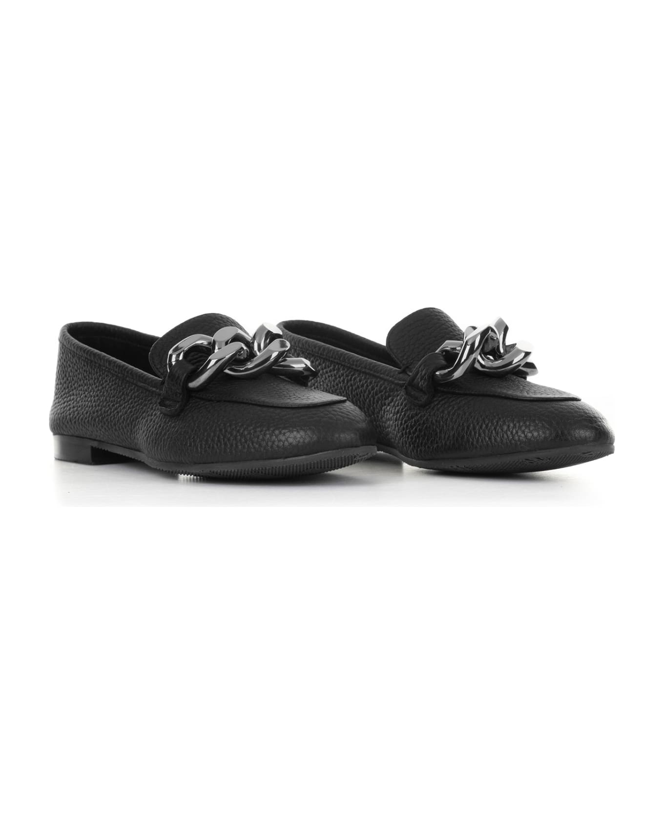 Casadei Hammered Leather Moccasin With Chain - NERO フラットシューズ