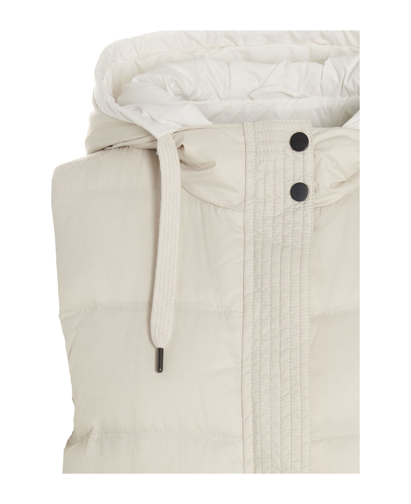 Brunello Cucinelli Sleeveless Down Jacket In Lightweight Nylon With Hood And Rows Of Brilliant Jewels Along The Closure - White