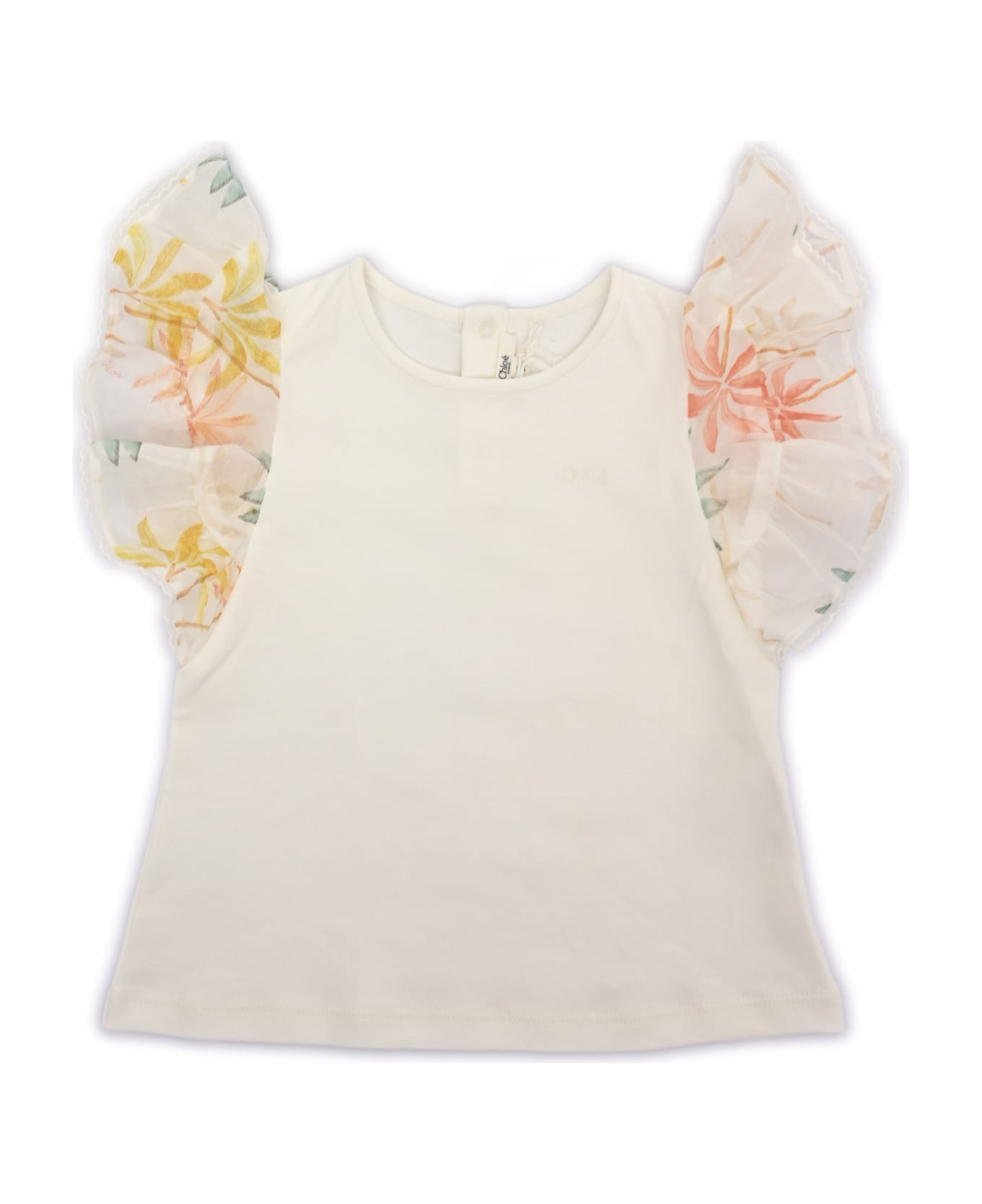 Chloé Short Sleeves Top In 100% Organic Cotton Interlock. Ruffles In 100% Organic Cotton Veil With Palm Grove" Seasonal Print. Tone On Tone Chlo Embroidery  - WHITE