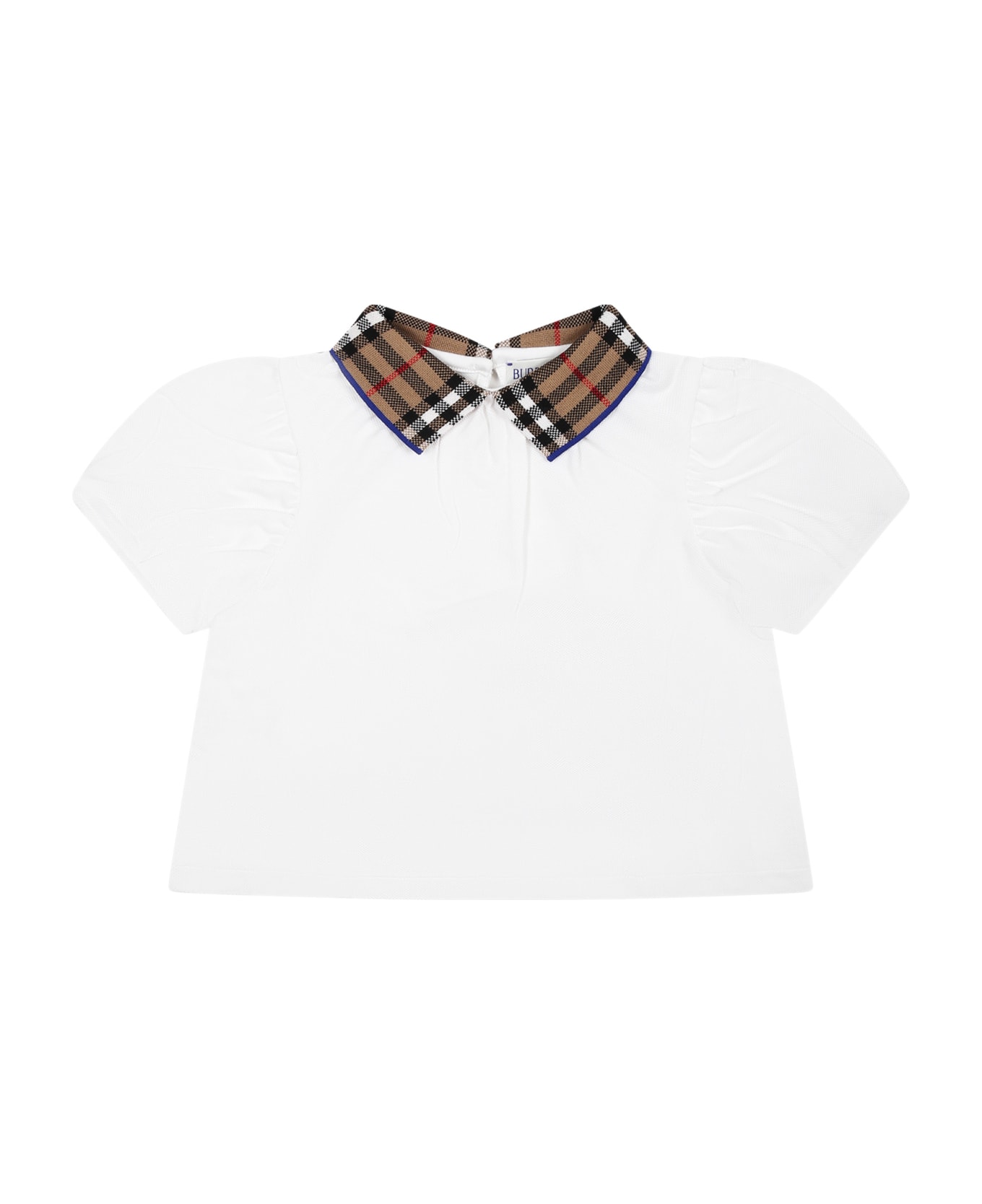 Burberry White T-shirt For Baby Girl With Vintage Check On The Collar - White