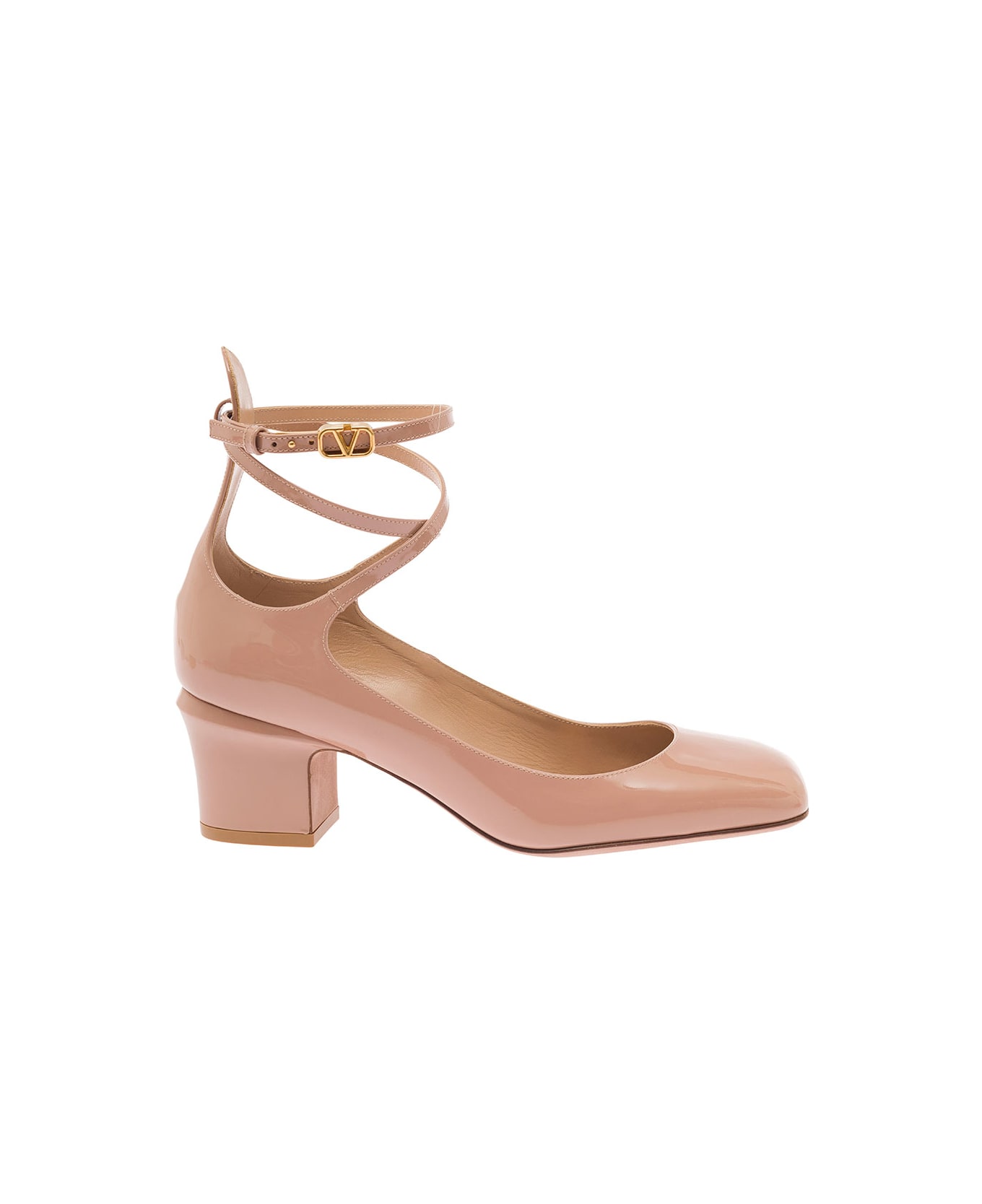 Valentino Garavani 'tan-go' Bege Décolleté With V-logo Buckle In Patent Leather Woman - Pink