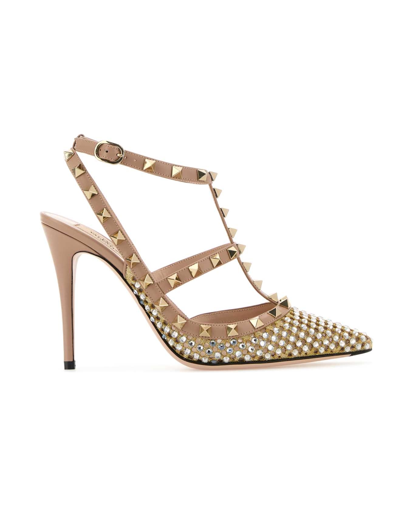 Valentino Garavani Embellished Mesh Rockstud Pumps - OROCRYSTALROSECANNELLE