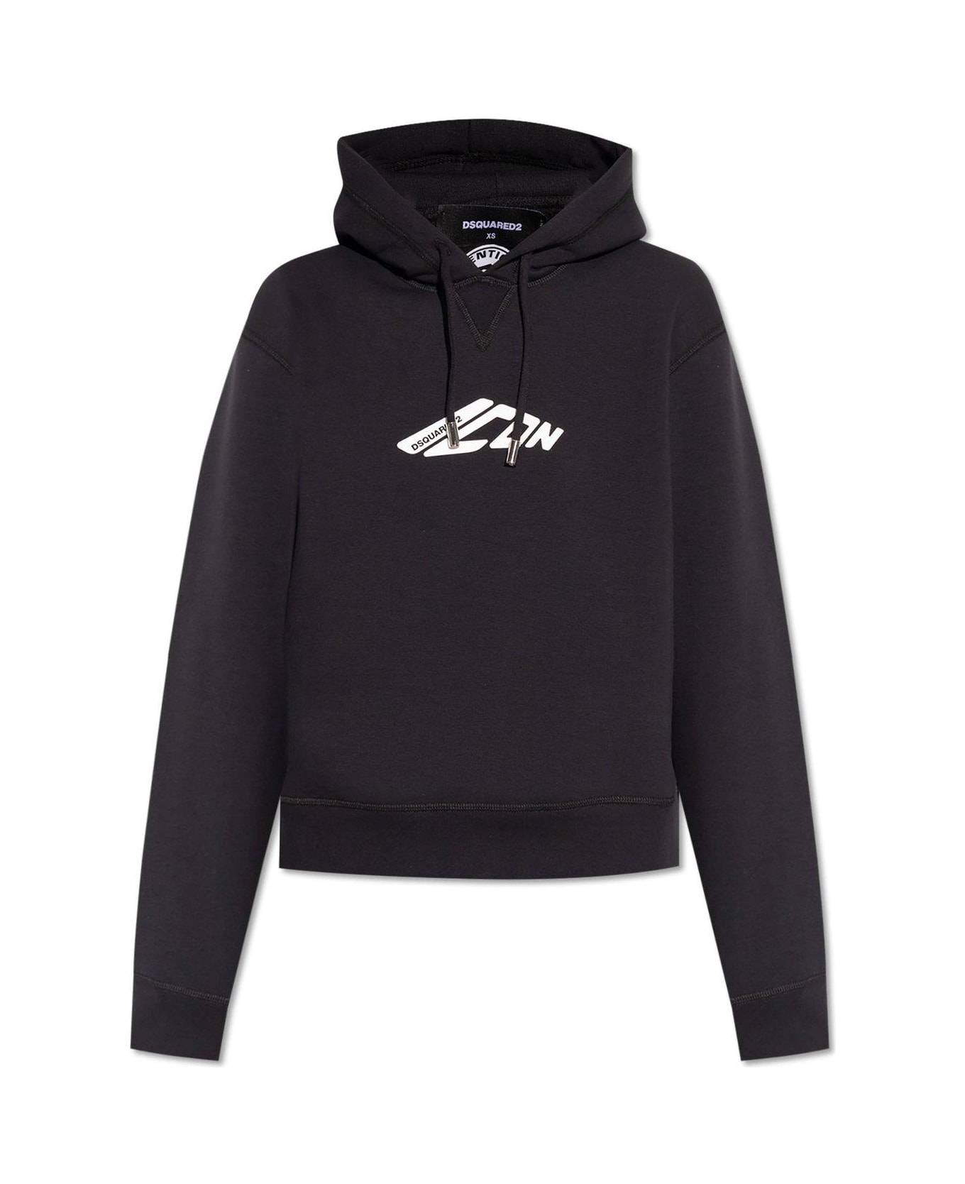 Dsquared2 D2 Logo Printed Drawstring Hoodie - Black