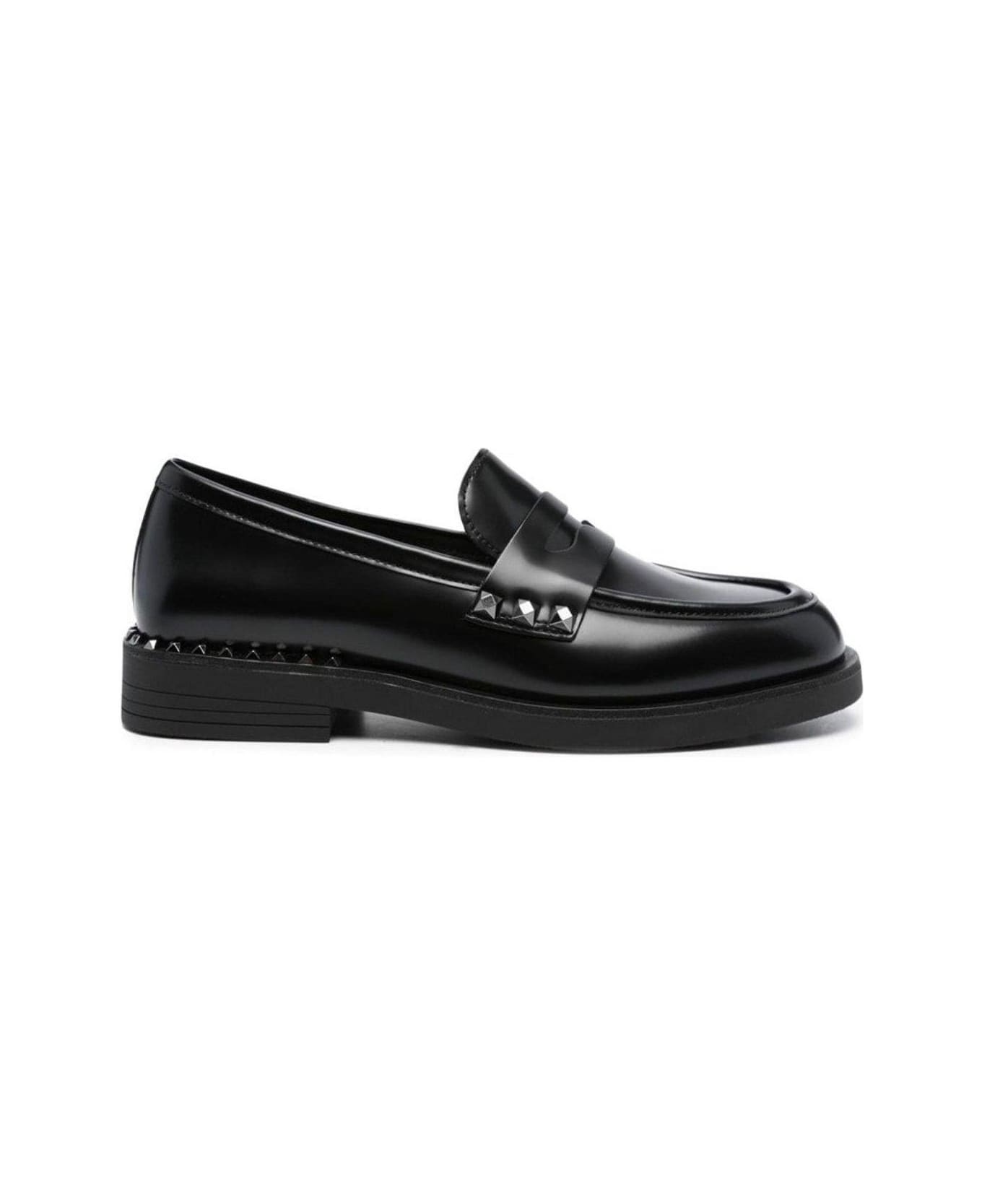 Ash Studs Detailed Round Toe Loafers - BLACK