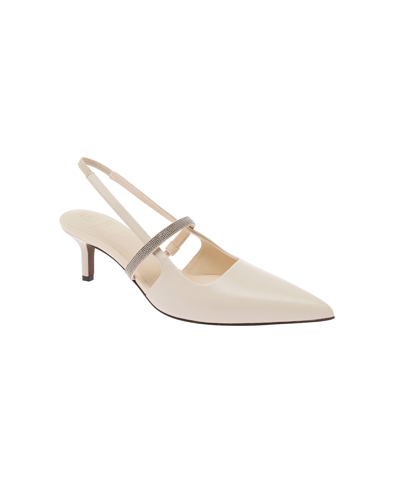 Brunello Cucinelli Ivory White Slingback Pumps With Monile Strap In Leather Woman - Grey ハイヒール