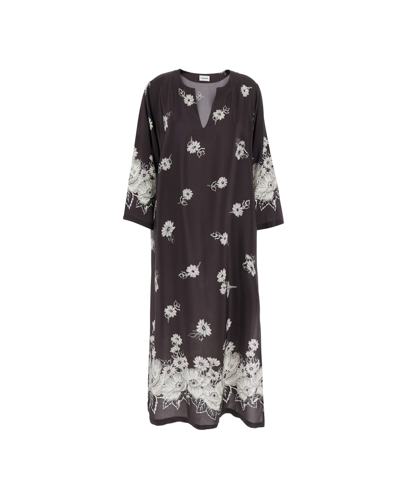 Parosh Black And White Long Dress With V-neck And All-over Floral Printed Pattern In Silk Woman - Brown