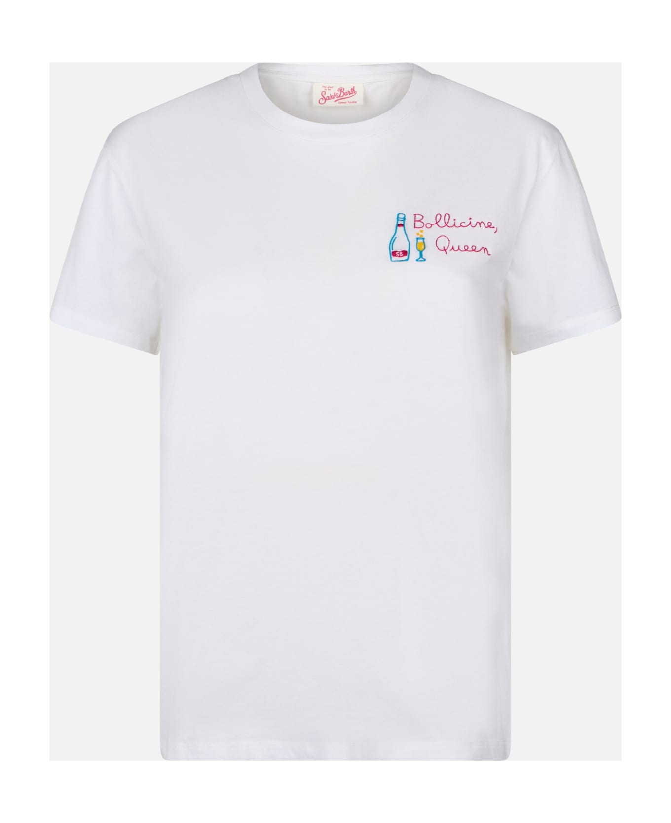 MC2 Saint Barth Woman White Cotton Jersey Crewneck T-shirt Emilie With Bollicine Queen Embroidery - WHITE