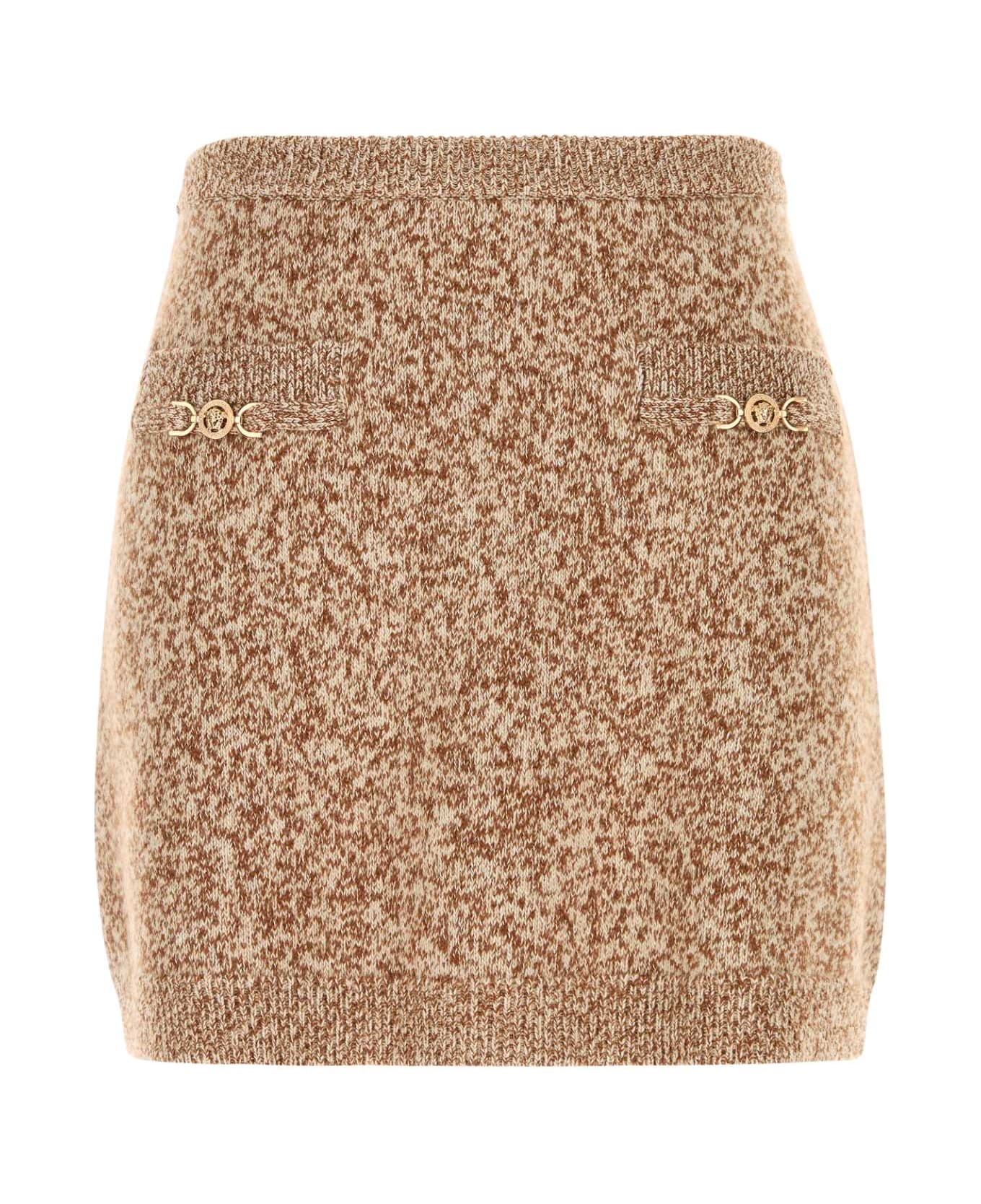 Versace Two-tone Virgin Wool Blend Mini Skirt - SPICEBROWNIVORY