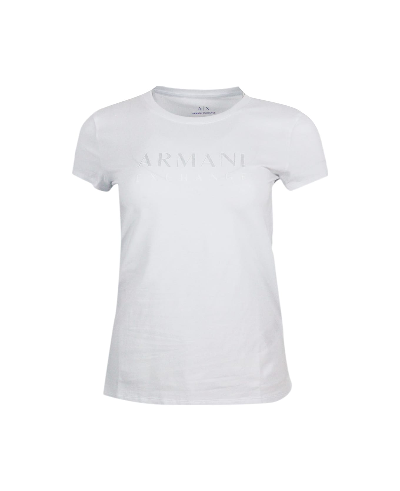 Armani Collezioni Short-sleeved Crew-neck T-shirt With Logo On The Chest In Stretch Cotton And Lurex Logo Writing - White