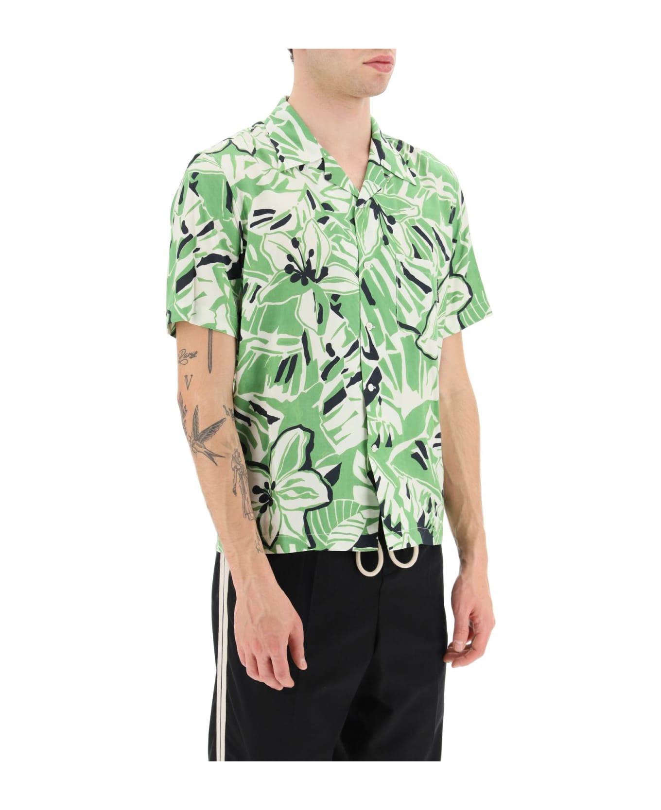 Palm Angels Macro Hibiscus Bowling Shirt - GREEN WHITE (Green)